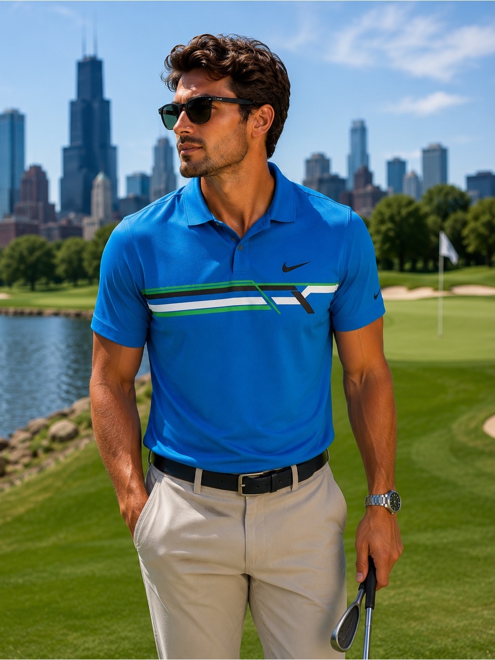 Nike Men’s Bright Blue Golf Polo with Green & White Stripes